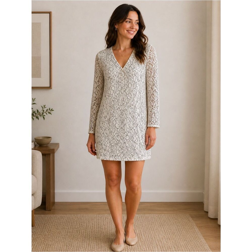 NWT- WAYF Lace Shift Dress Cream Black Overlay Long Sleeve Size Large